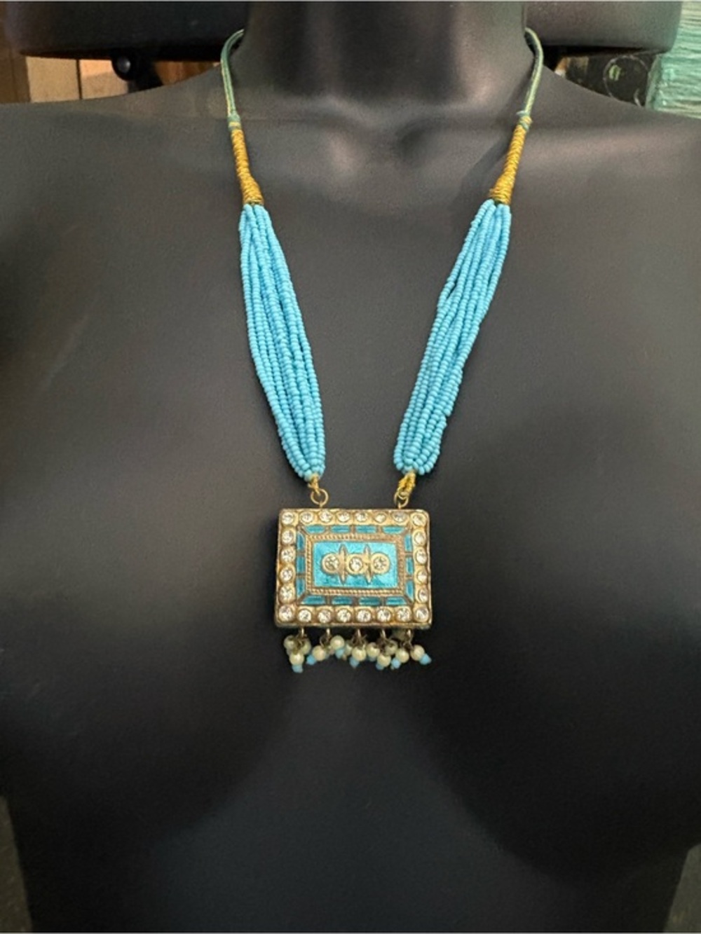 Vintage Indian Lac Meenakari Beaded Statement Necklace Turquoise Gold